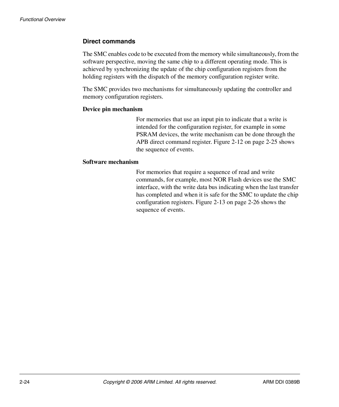 SMC Networks PL241, AHB SRAM/NOR manual Direct commands, Device pin mechanism, Software mechanism 