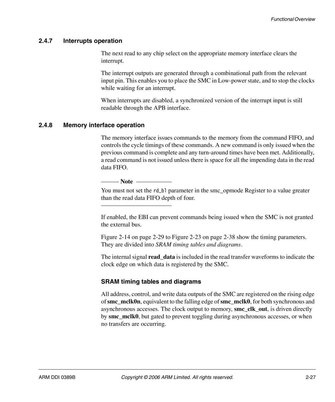 SMC Networks AHB SRAM/NOR, PL241 manual Interrupts operation, Memory interface operation, Sram timing tables and diagrams 