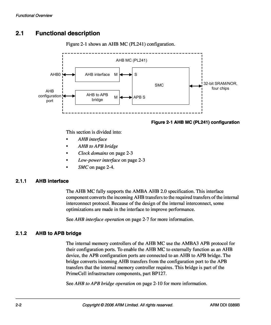 SMC Networks PL241, AHB SRAM/NOR manual Functional description, AHB interface AHB to APB bridge Clock domains on page 