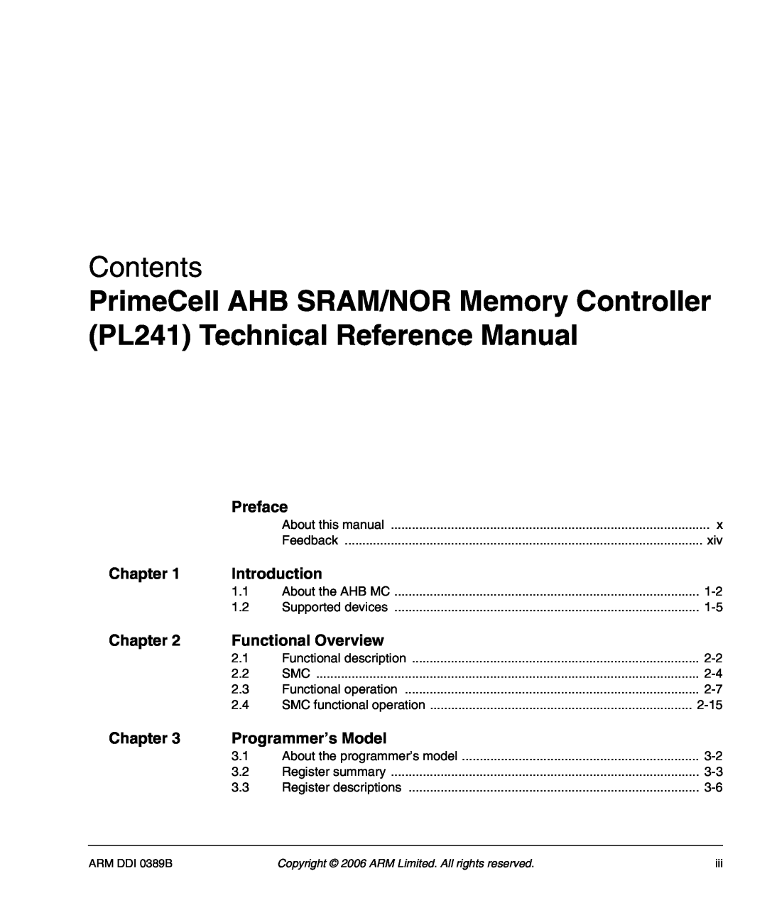 SMC Networks AHB SRAM/NOR, PL241 manual Contents, Preface, Chapter, Introduction, Functional Overview, Programmer’s Model 