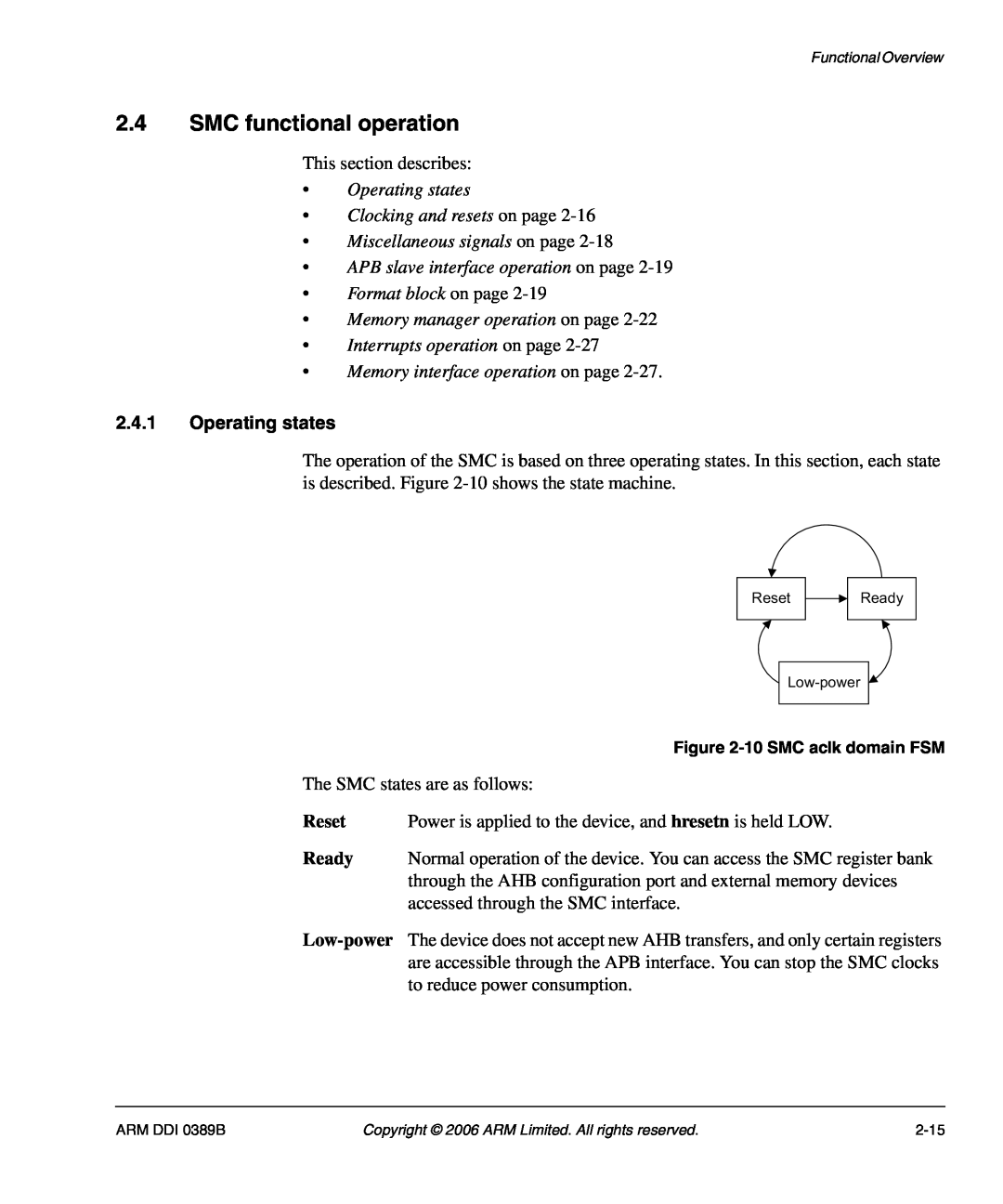 SMC Networks AHB SRAM/NOR, PL241 manual SMC functional operation, Operating states Clocking and resets on page, Reset 