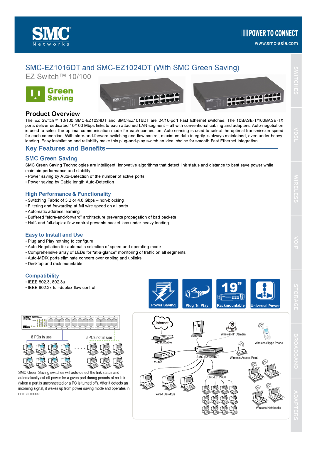 SMC Networks manual Key Features and Benefits, SMC-EZ1016DT and SMC-EZ1024DT With SMC Green Saving, EZ Switch 10/100 