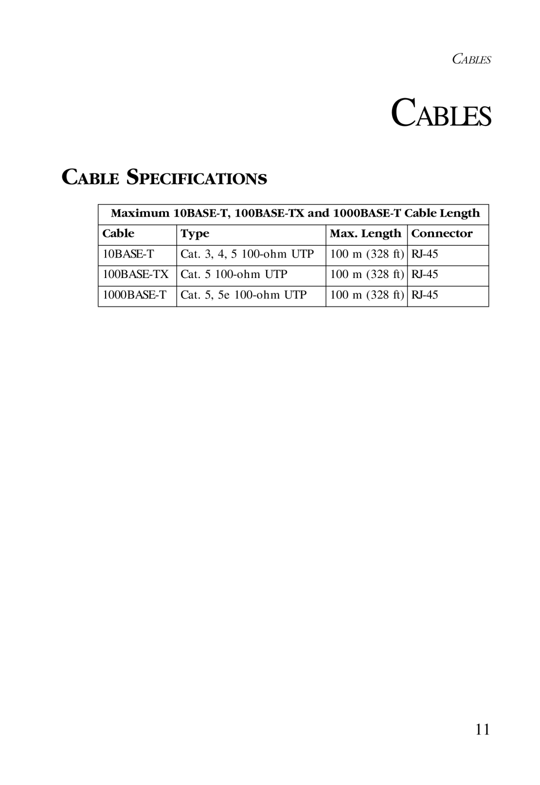 SMC Networks SMC-EZ1024DT manual Cables, Cable SPECIFICATIONs 