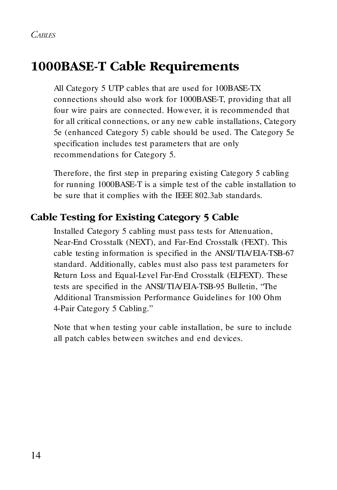 SMC Networks SMC-EZ1024DT manual 1000BASE-T Cable Requirements, Cable Testing for Existing Category 5 Cable 