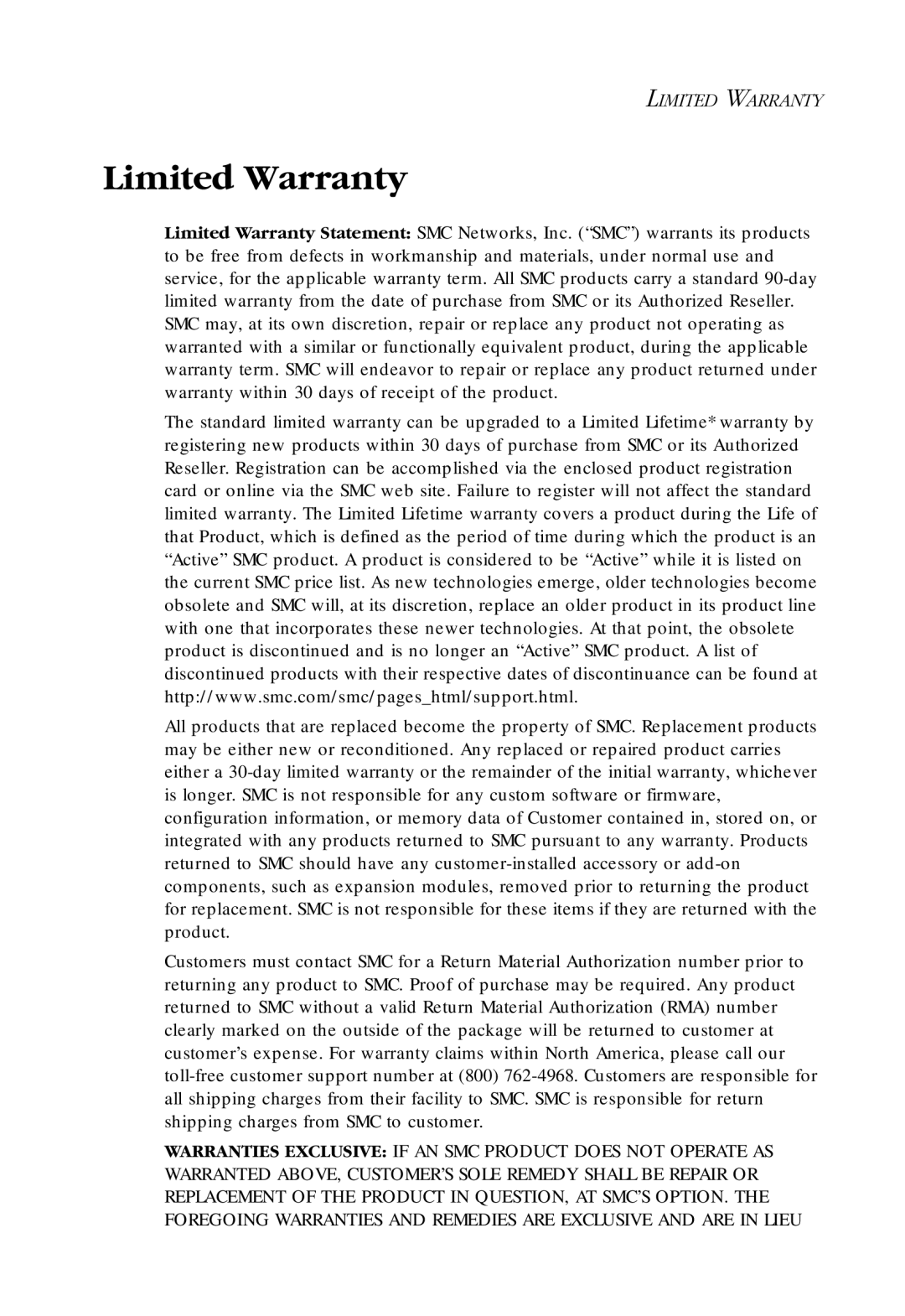 SMC Networks SMC-EZ1024DT manual Limited Warranty 