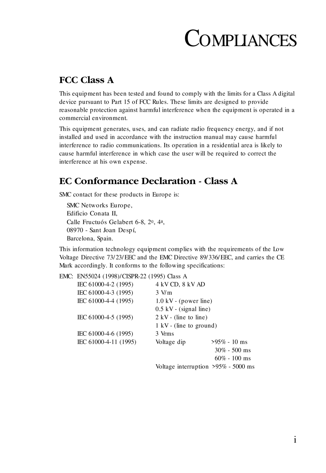 SMC Networks SMC-EZ1024DT manual Compliances, FCC Class a, EC Conformance Declaration Class a 