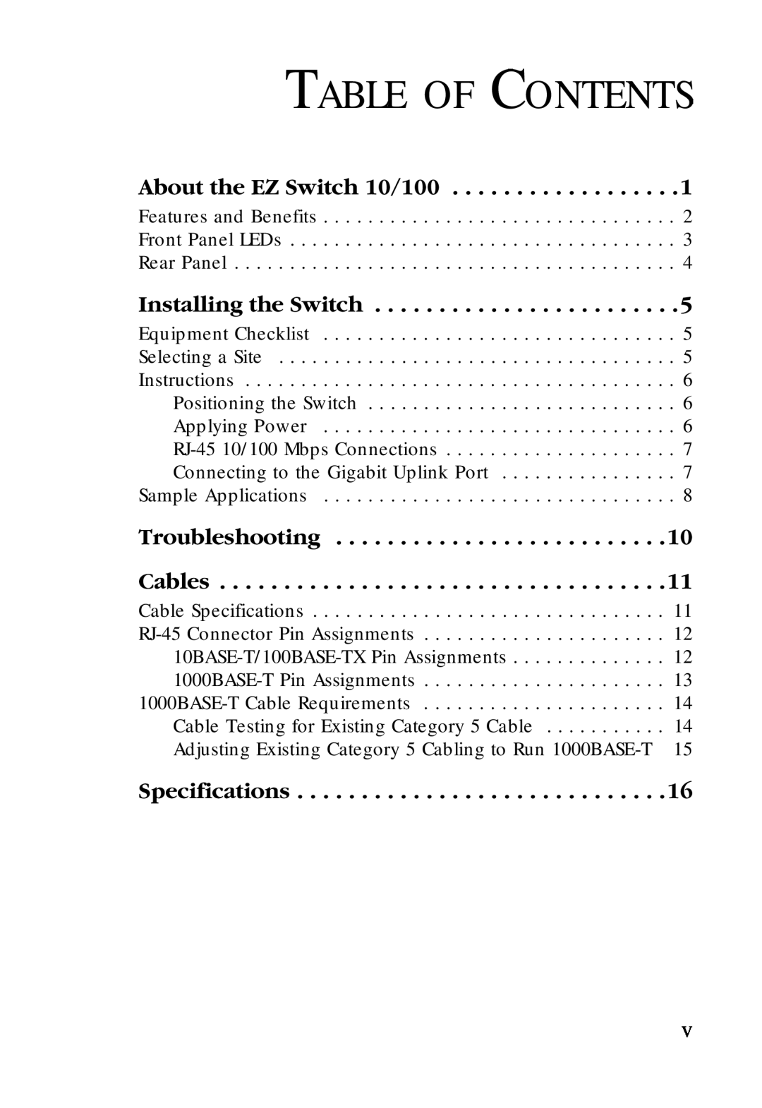 SMC Networks SMC-EZ1024DT manual Table Of Contents, About the EZ Switch 10/100, Installing the Switch, Specifications 