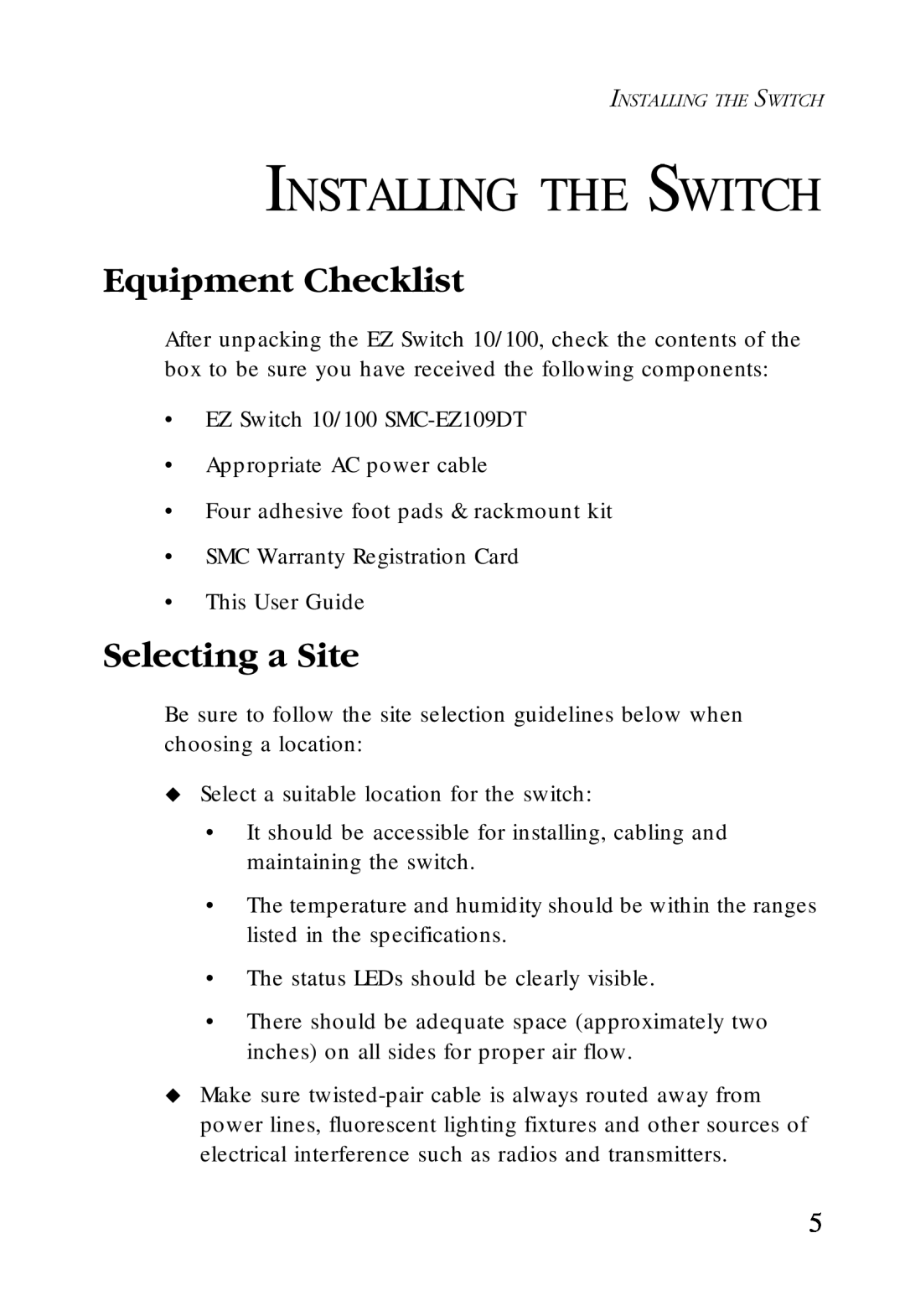 SMC Networks SMC-EZ1024DT manual Installing The Switch, Equipment Checklist, Selecting a Site 