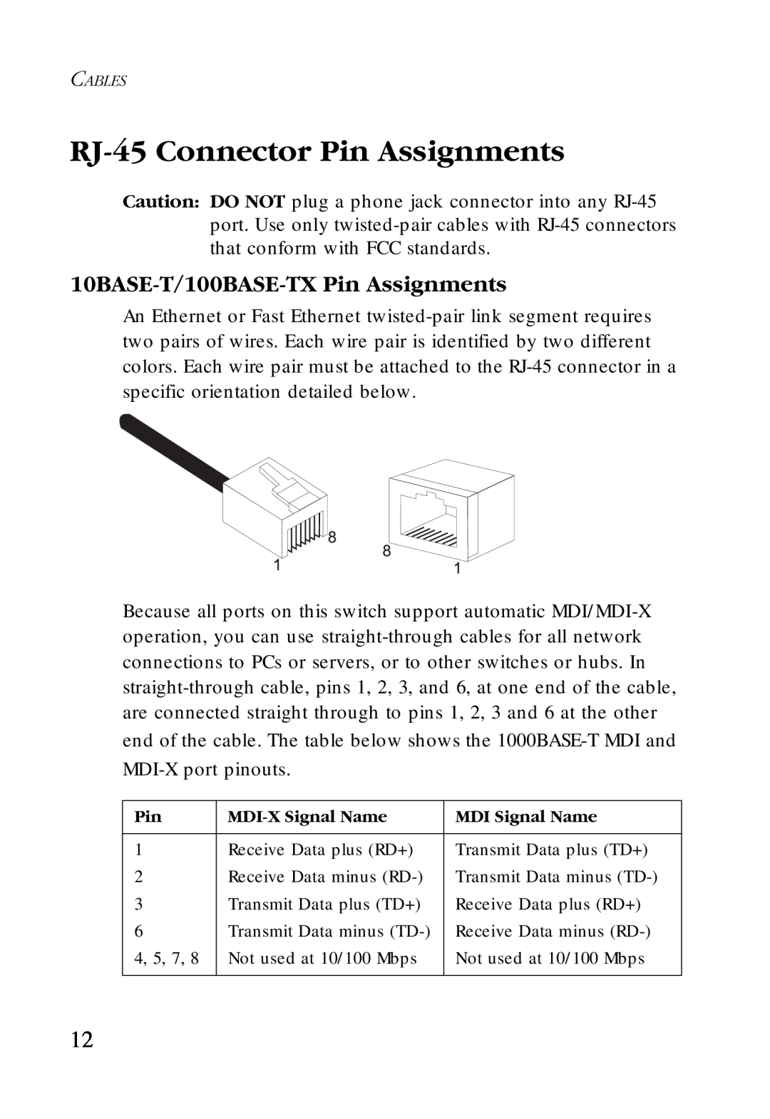 SMC Networks SMC-EZ1024DT manual RJ-45 Connector Pin Assignments, 10BASE-T/100BASE-TX Pin Assignments 
