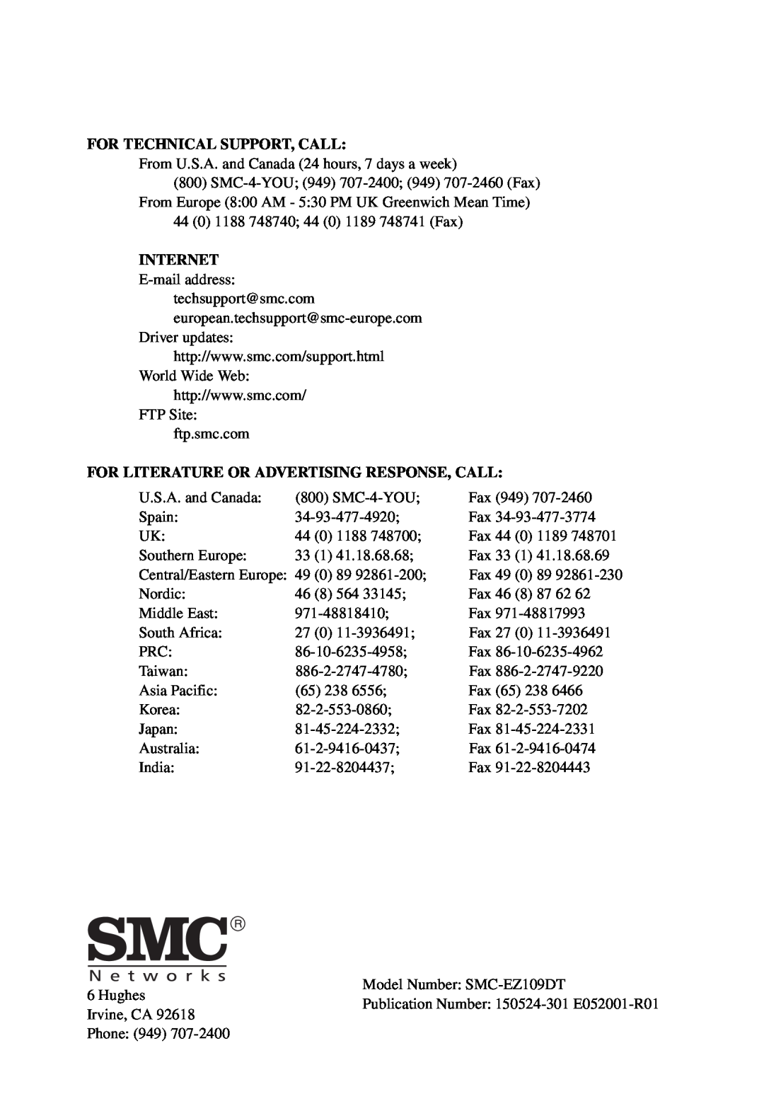 SMC Networks SMC-EZ1024DT manual For Technical Support, Call, Internet, For Literature Or Advertising Response, Call 