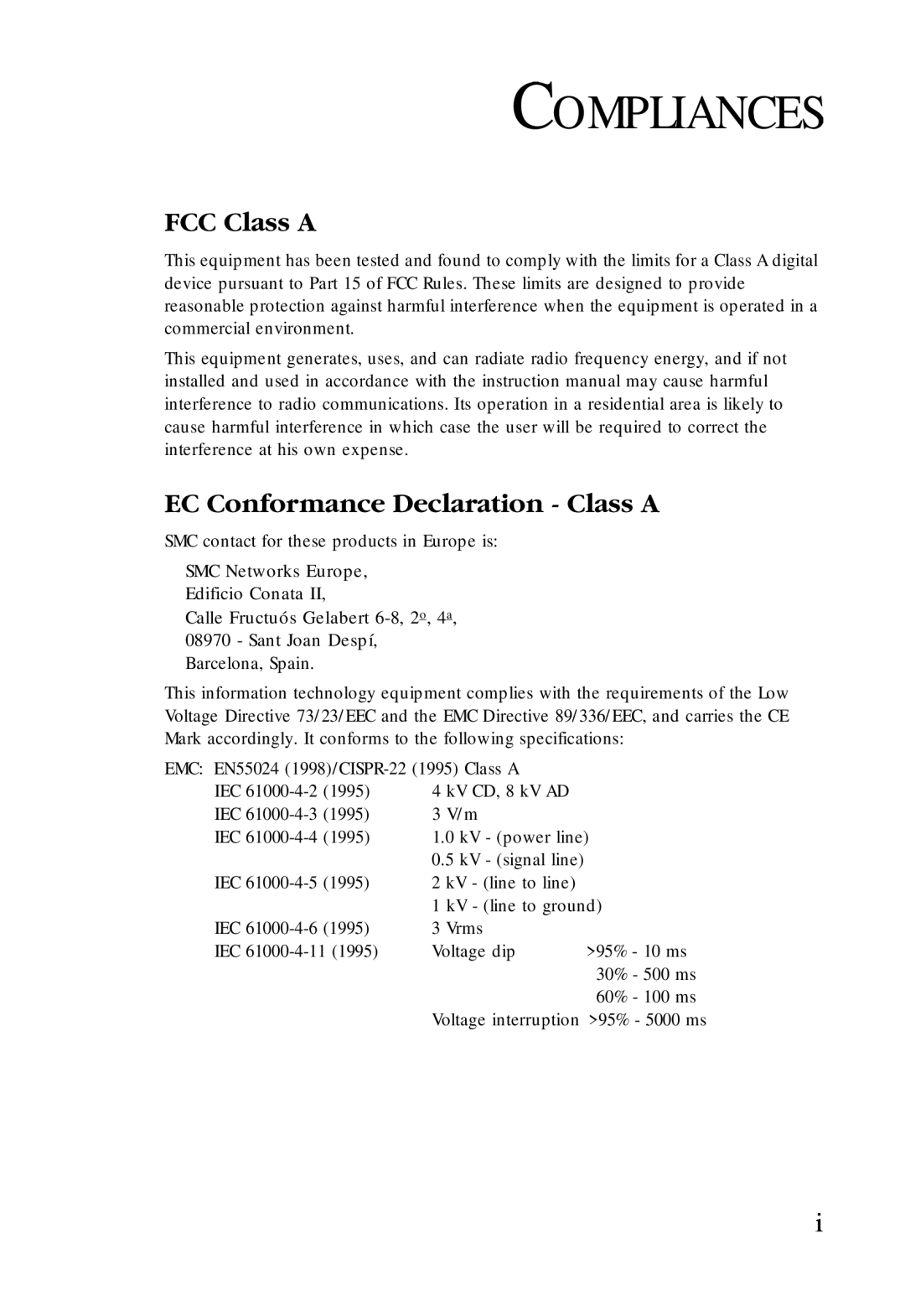 SMC Networks SMC-EZ1024DT manual Compliances, FCC Class A, EC Conformance Declaration - Class A 