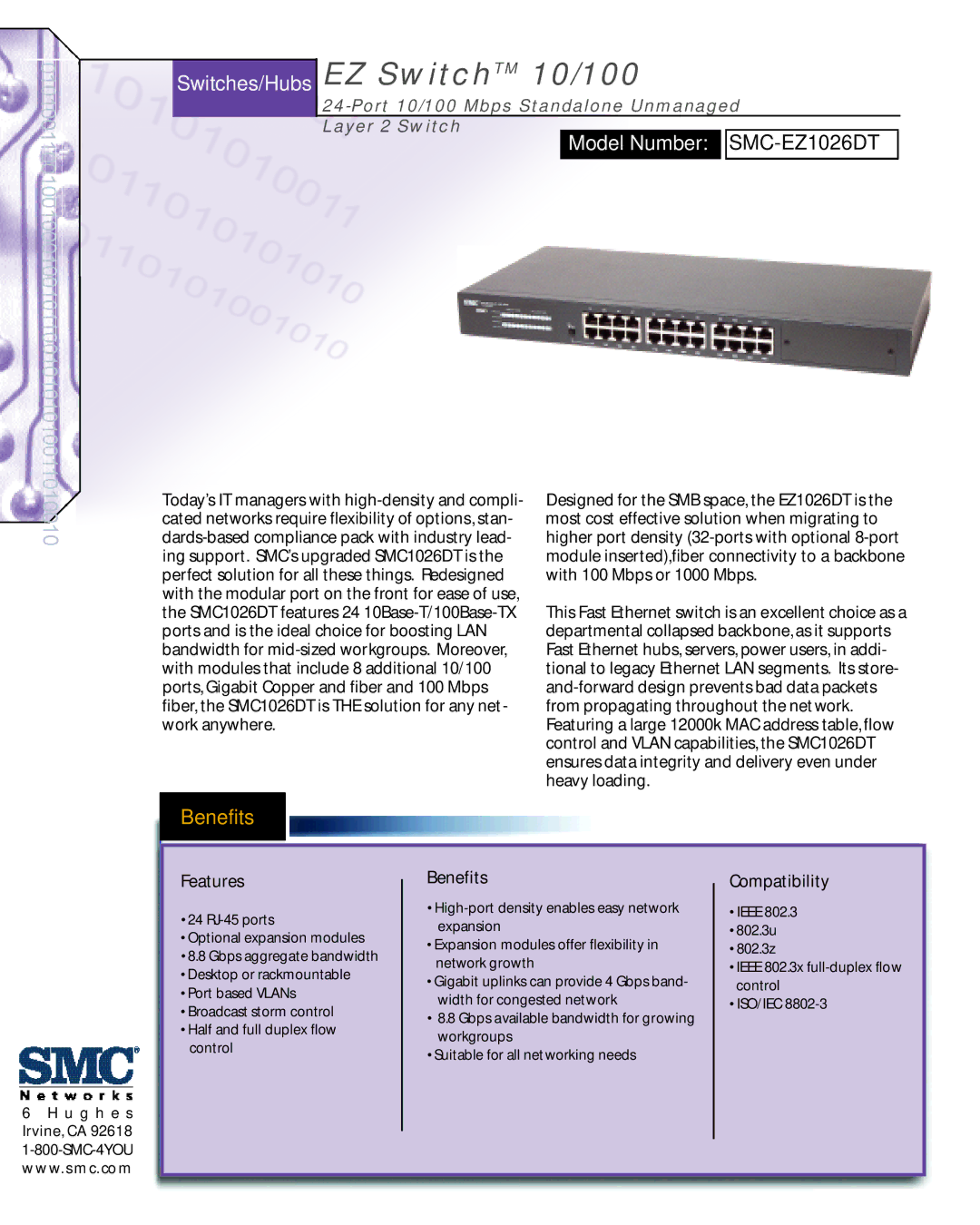 SMC Networks manual Switches/Hubs EZ SwitchTM 10/100, Model Number SMC-EZ1026DT, Features, Benefits, Compatibility 