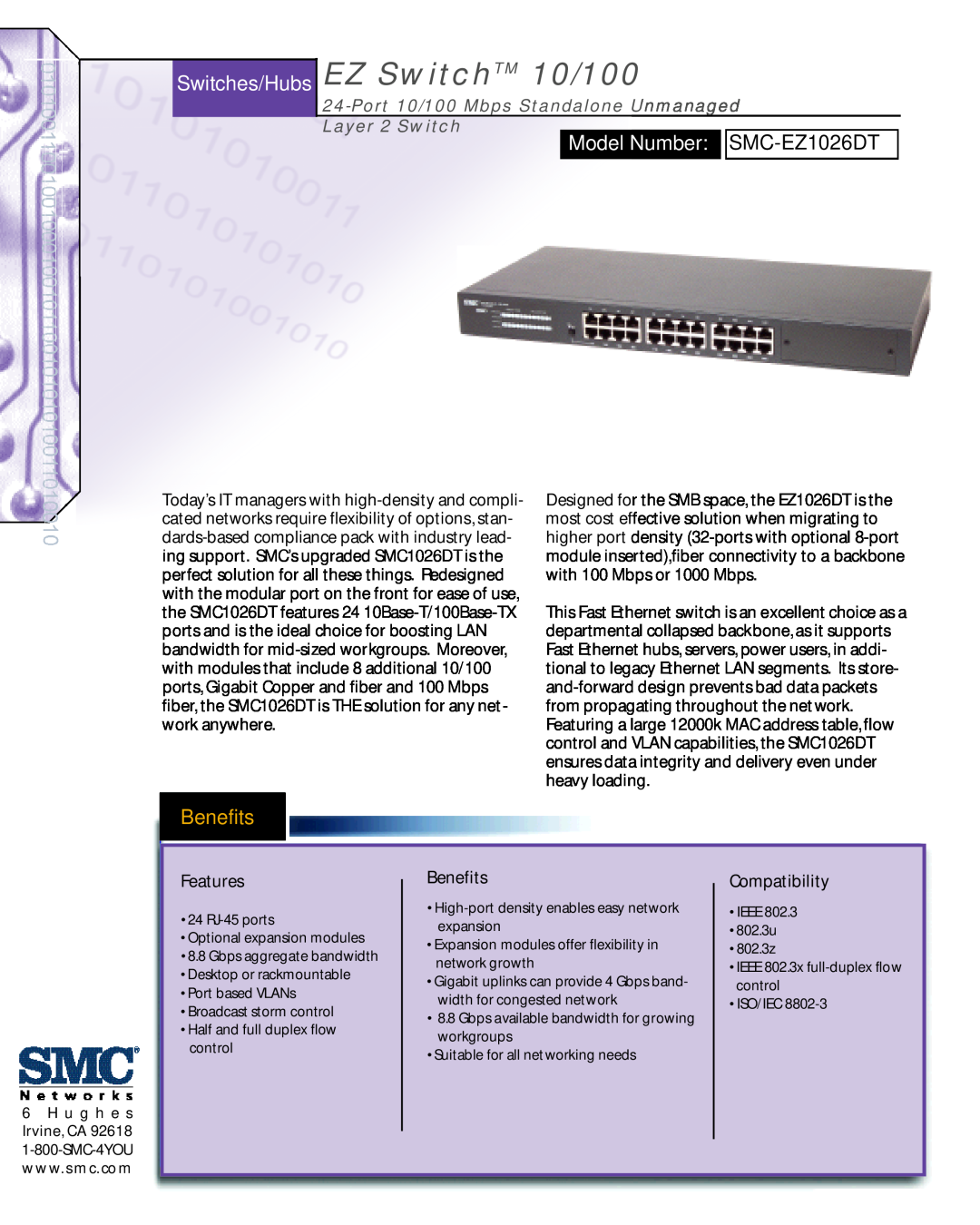 SMC Networks manual Switches/Hubs EZ SwitchTM 10/100, Model Number SMC-EZ1026DT, Benefits 