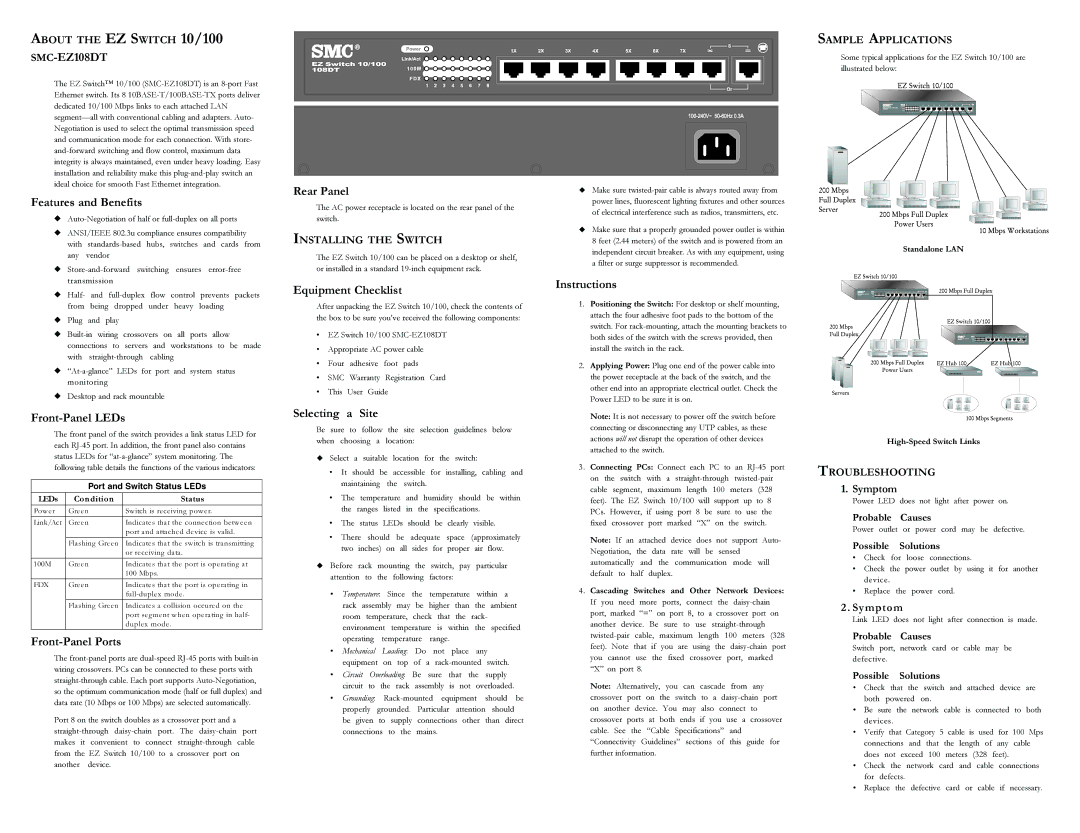 SMC Networks SMC-EZ108DT warranty Features and Benefits, Front-Panel LEDs, Front-Panel Ports, Rear Panel, Selecting a Site 