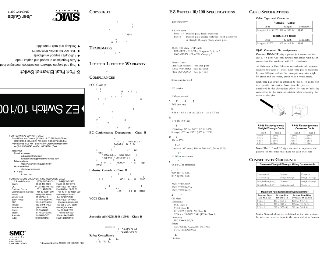 SMC Networks SMC-EZ108DT Copyright, Trademarks, Limited Lifetime Warranty Compliances, EZ Switch 10/100 Specifications 