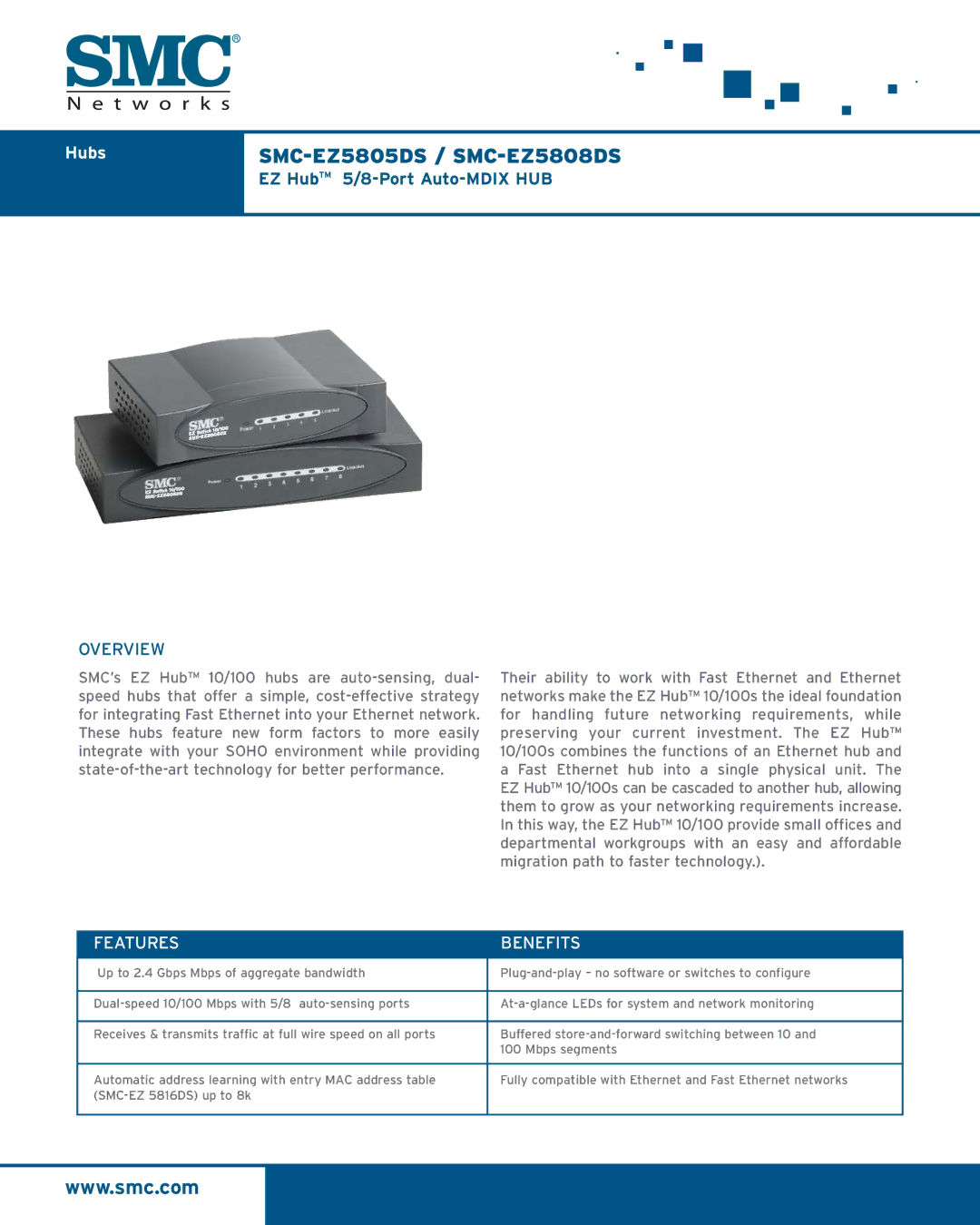 SMC Networks manual SMC-EZ5805DS / SMC-EZ5808DS, Hubs, EZ HubTM 5/8-Port Auto-MDIX HUB, Overview, Features Benefits 