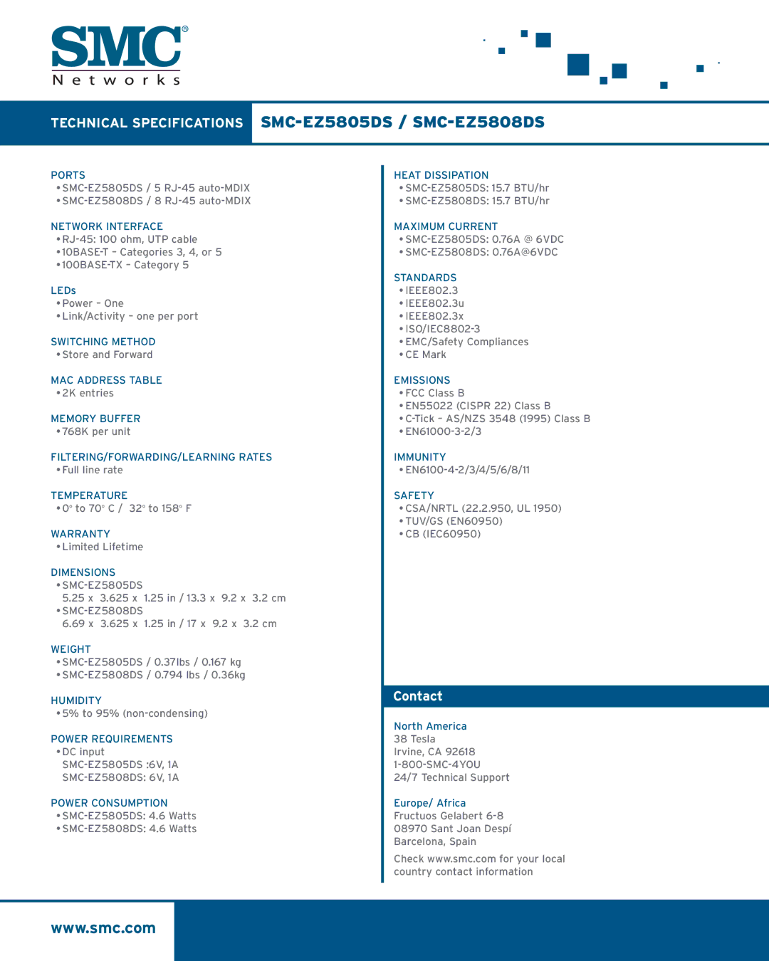 SMC Networks manual Technical Specifications SMC-EZ5805DS / SMC-EZ5808DS, Contact 