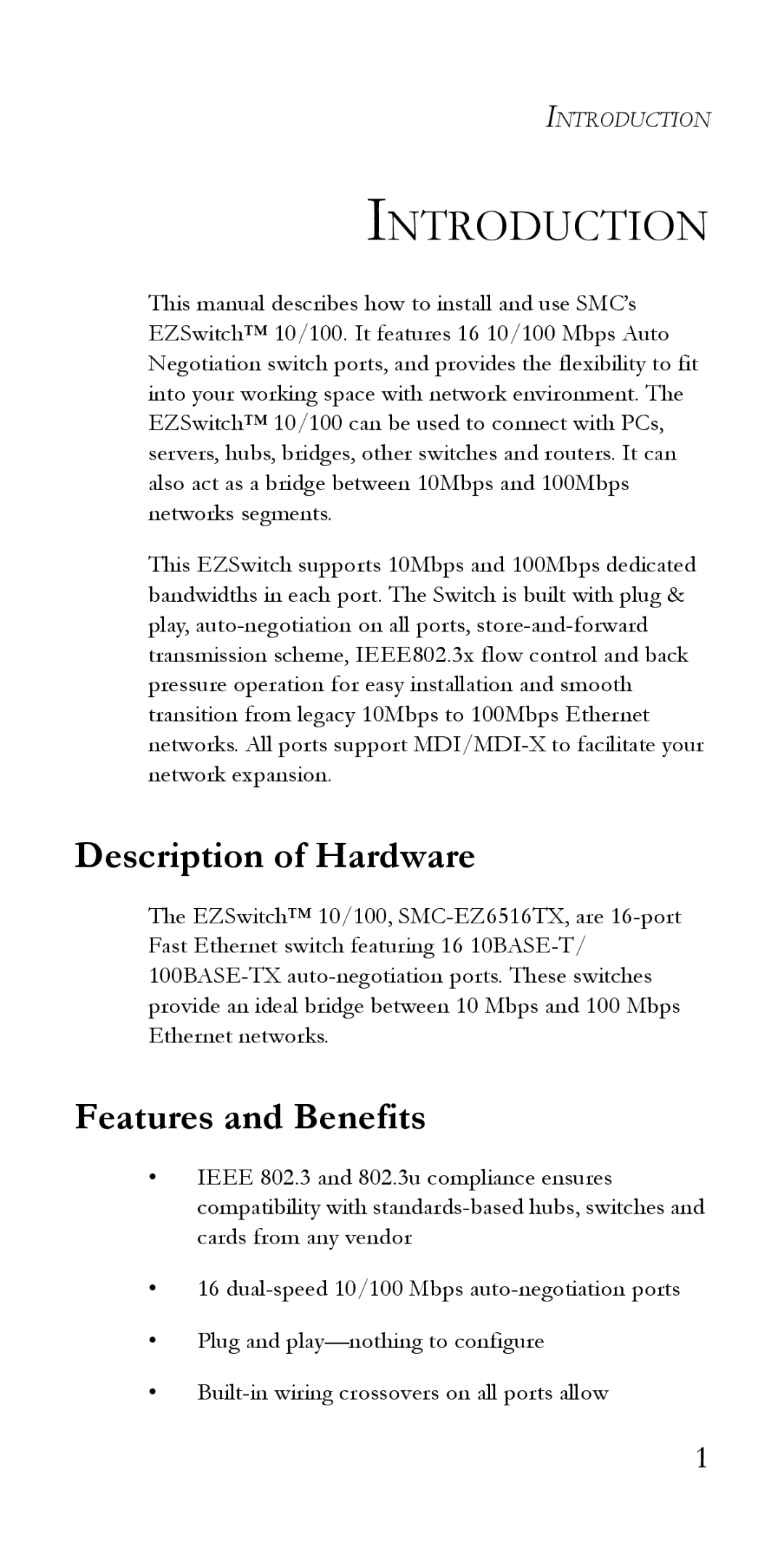 SMC Networks SMC-EZ6516TX manual Introduction, Description of Hardware, Features and Benefits 