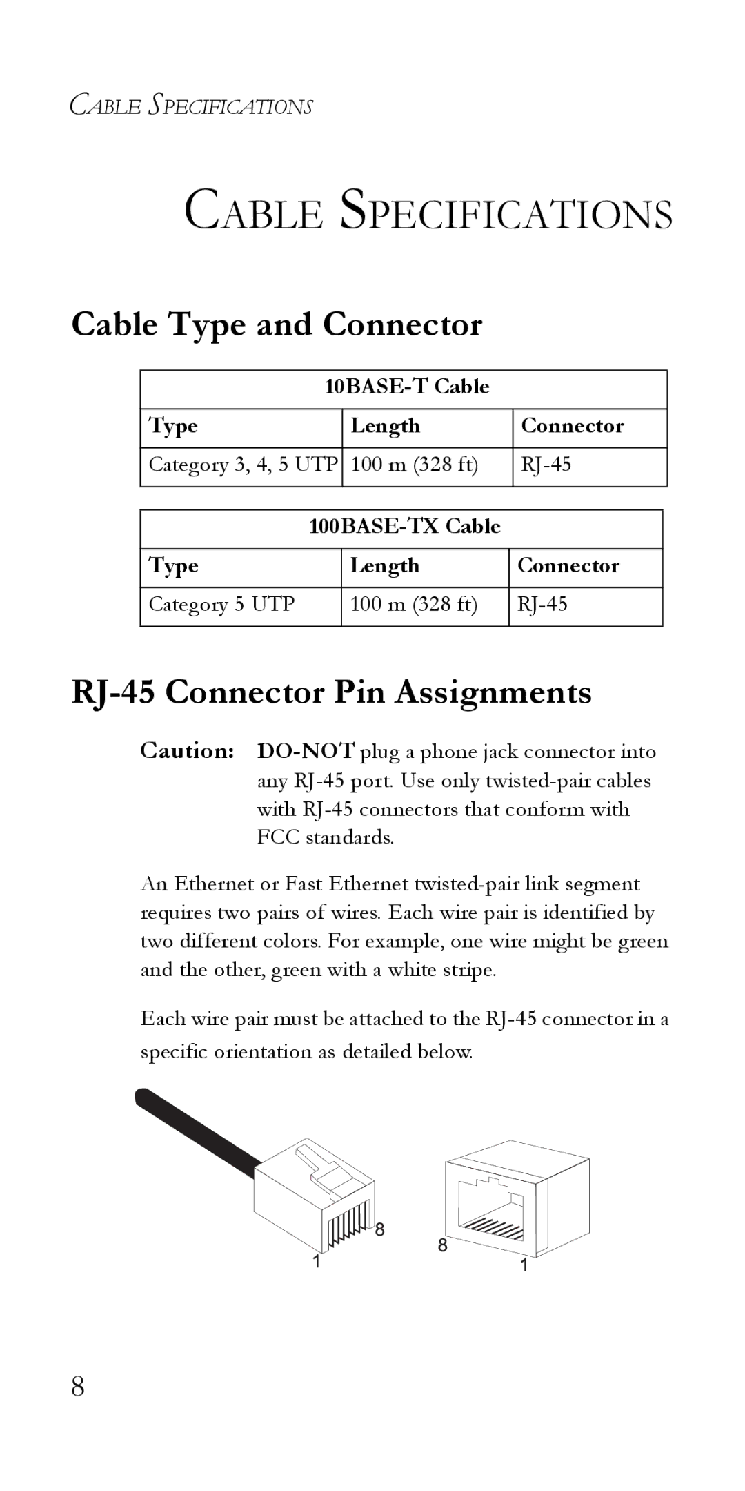 SMC Networks SMC-EZ6516TX manual Cable Specifications, Cable Type and Connector, RJ-45 Connector Pin Assignments 