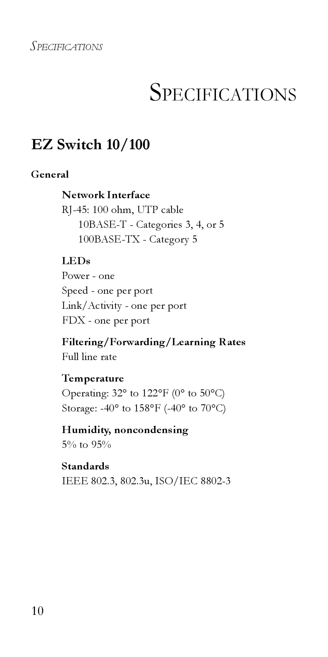 SMC Networks SMC-EZ6516TX manual Specifications, EZ Switch 10/100 