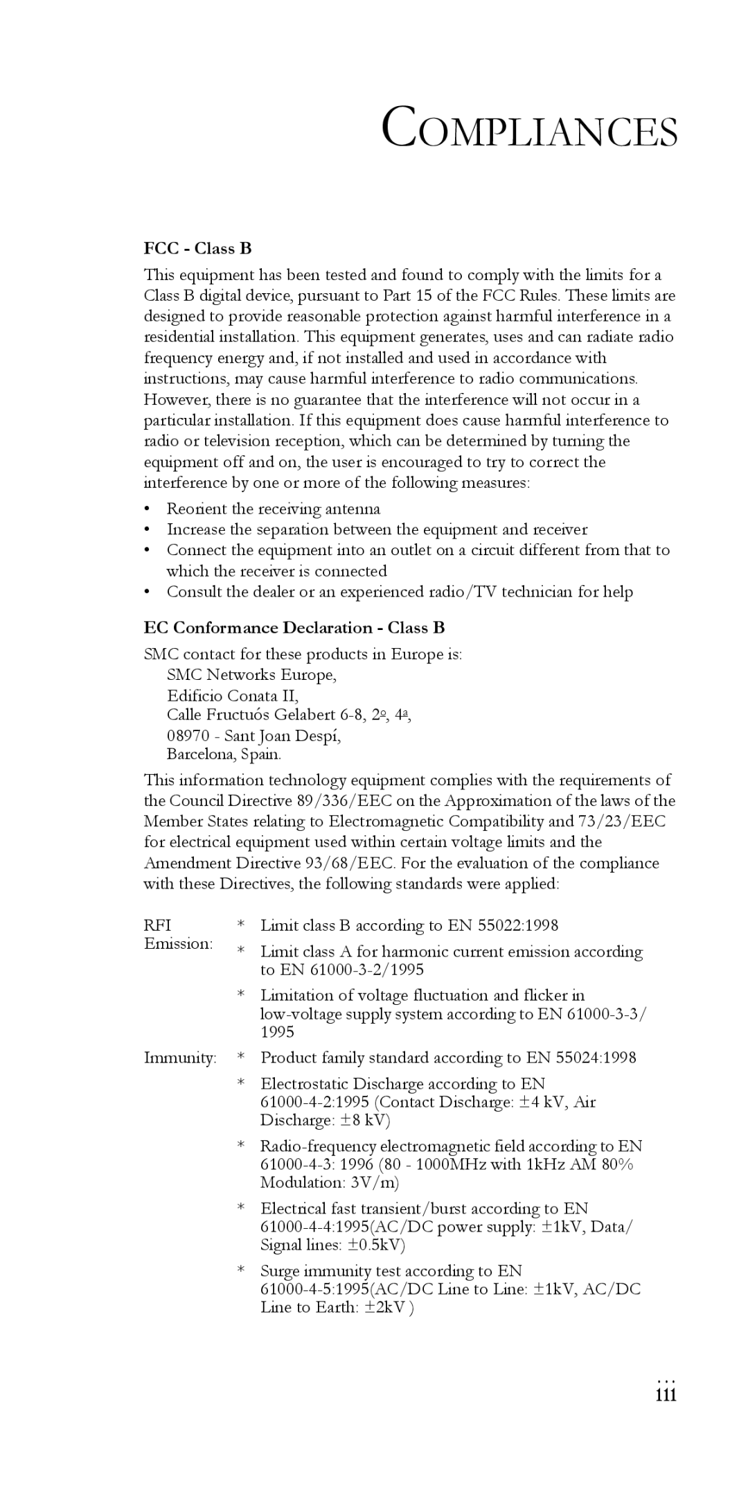 SMC Networks SMC-EZ6516TX manual Compliances, FCC Class B 