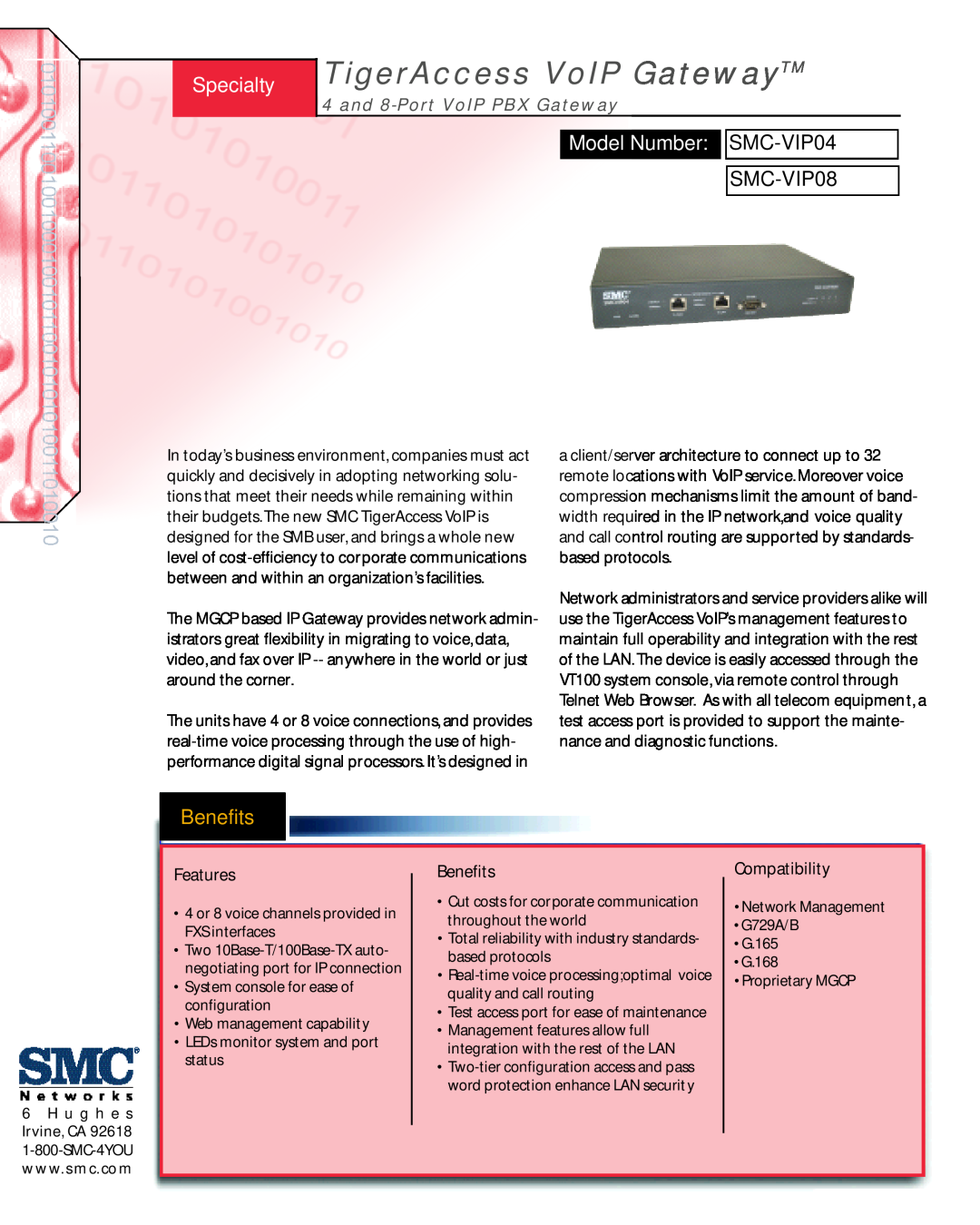SMC Networks manual Specialty TigerAccess VoIP GatewayTM, Model Number SMC-VIP04, and 8-Port VoIP PBX Gateway, Benefits 