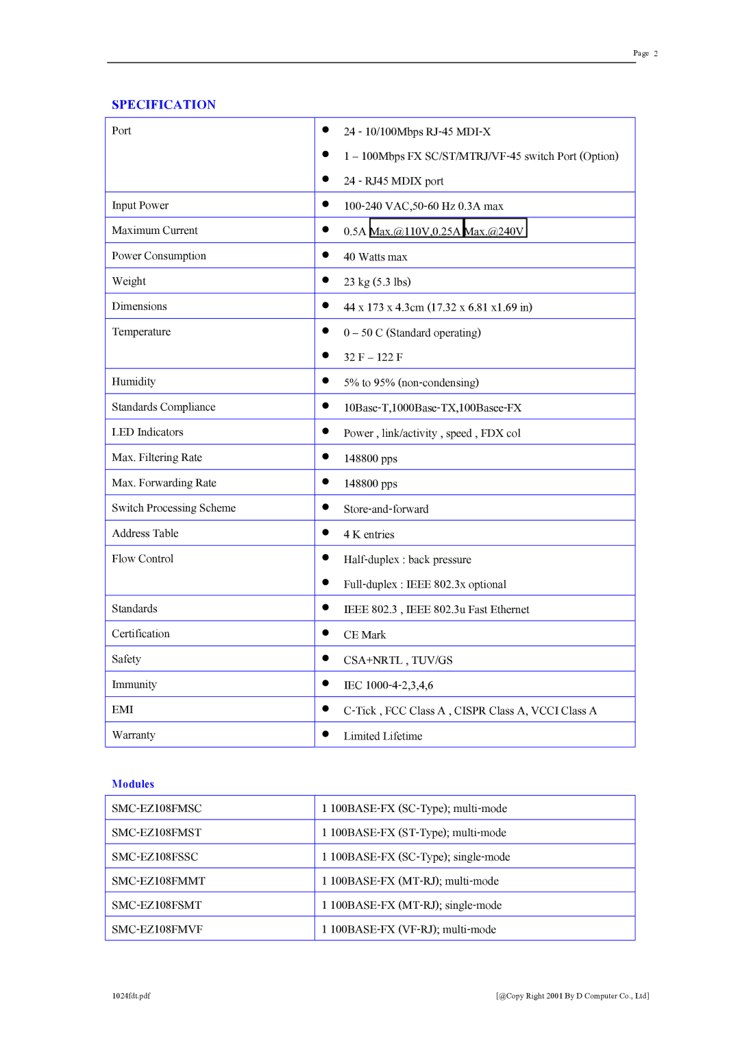 SMC Networks SMC1016FDT warranty Specification 