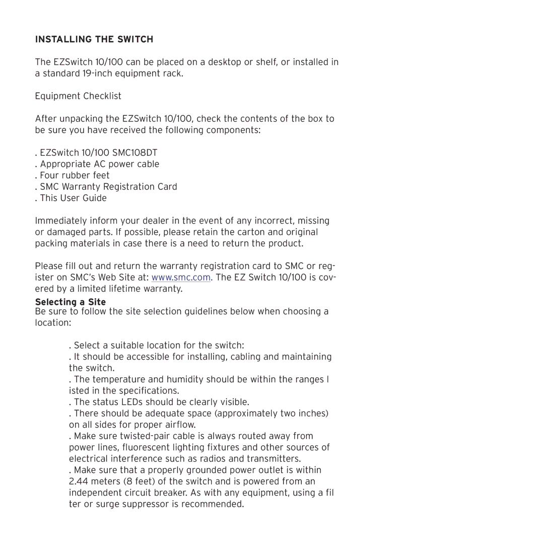 SMC Networks SMC108DT manual Installing the Switch, Selecting a Site 