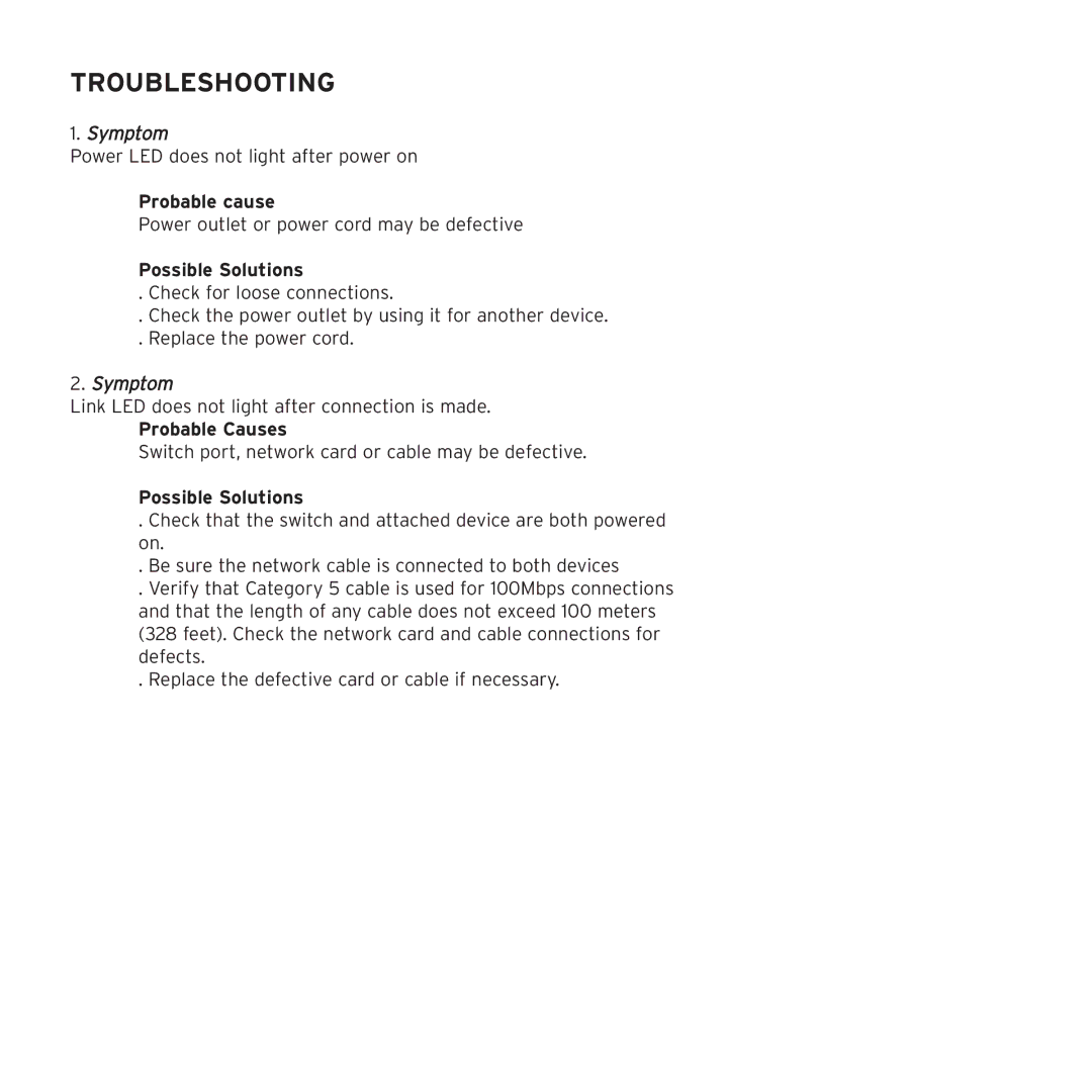 SMC Networks SMC108DT manual Troubleshooting, Probable cause, Possible Solutions, Probable Causes 