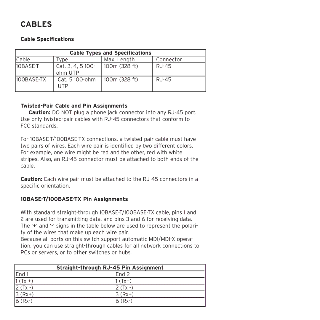 SMC Networks SMC108DT Cables, Cable Specifications Cable Types and Specifications, Twisted-Pair Cable and Pin Assignments 