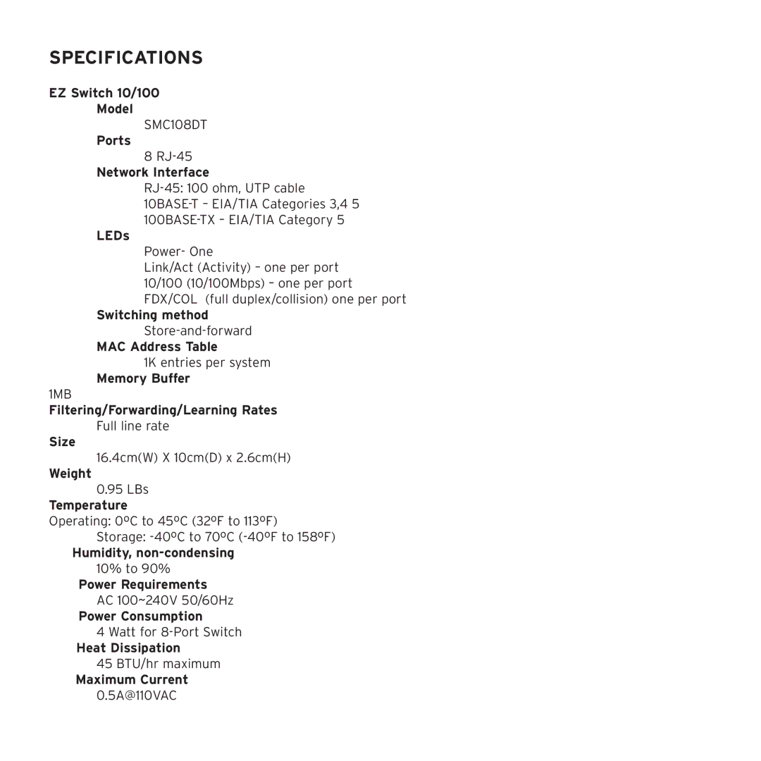 SMC Networks SMC108DT manual Specifications 