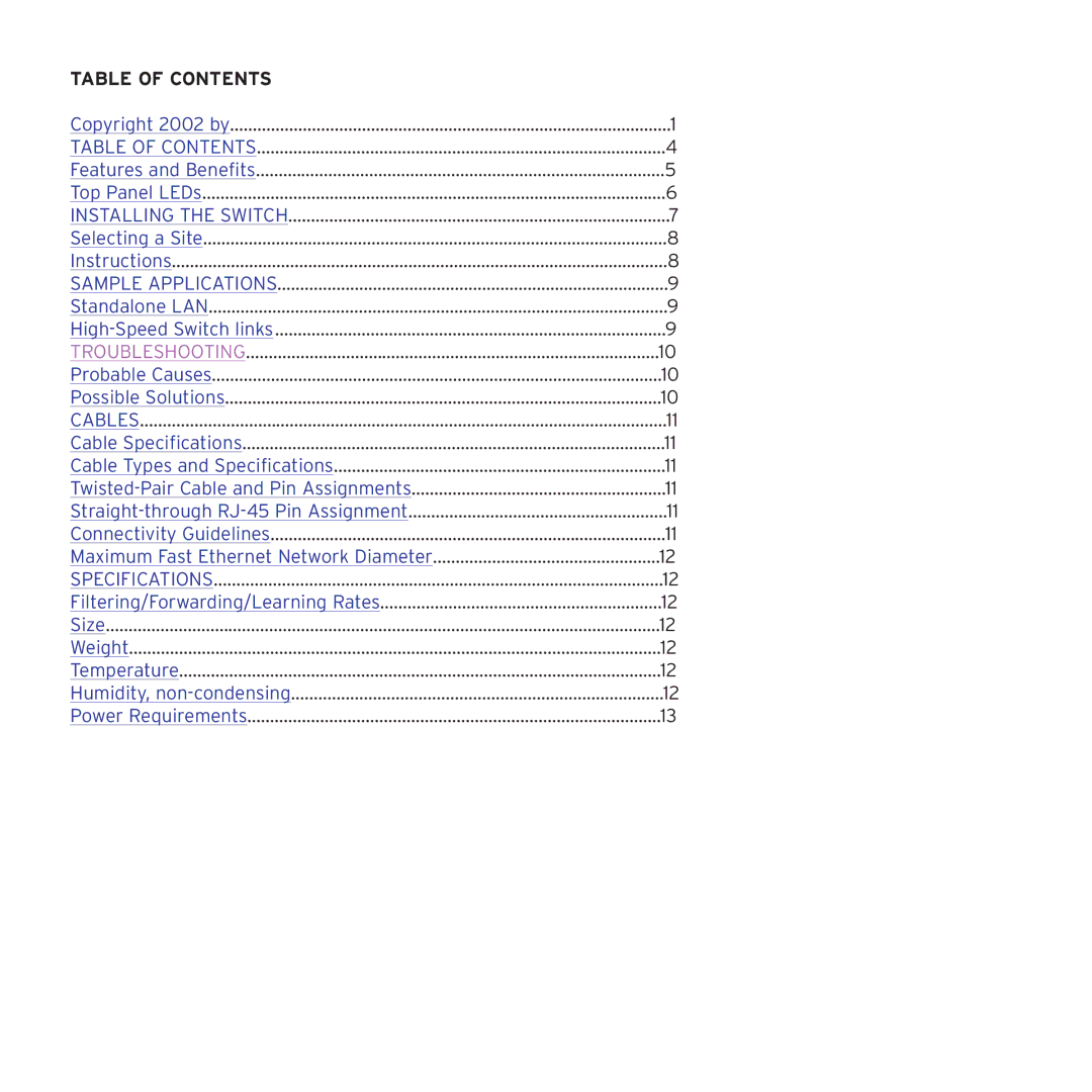 SMC Networks SMC108DT manual Table of Contents 