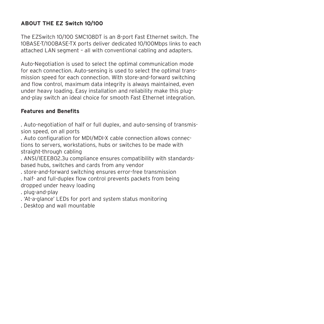 SMC Networks SMC108DT manual About the EZ Switch 10/100, Features and Benefits 