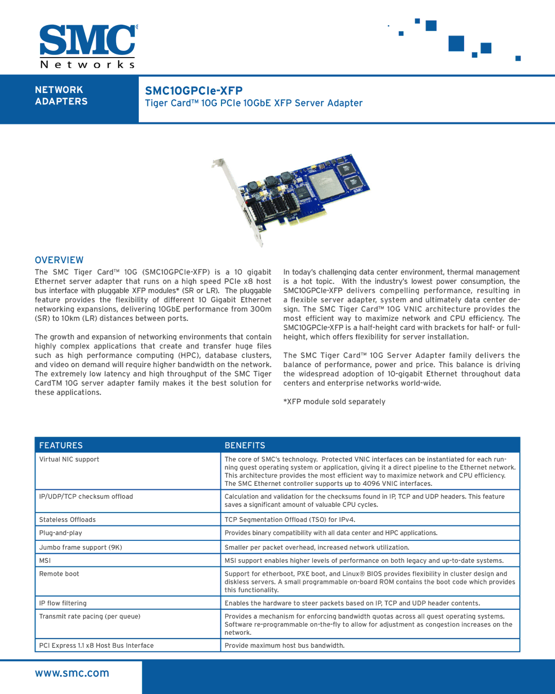 SMC Networks SMC10GPCIe-XFP manual Features Benefits 