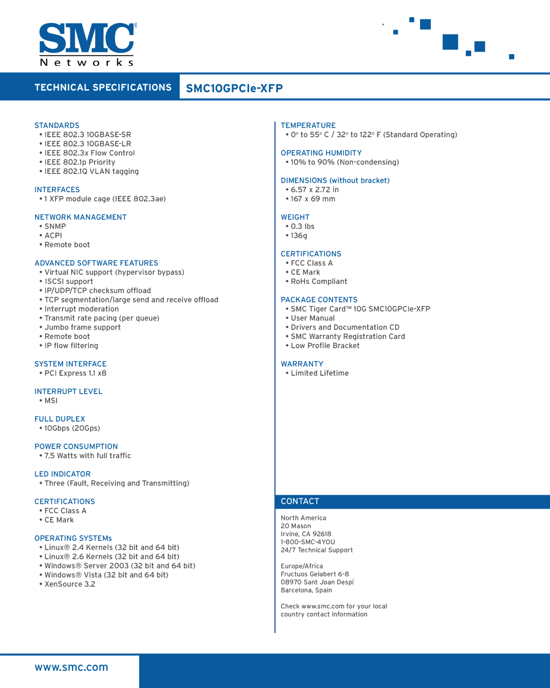 SMC Networks SMC10GPCIe-XFP manual Contact, Snmp Acpi, Msi 