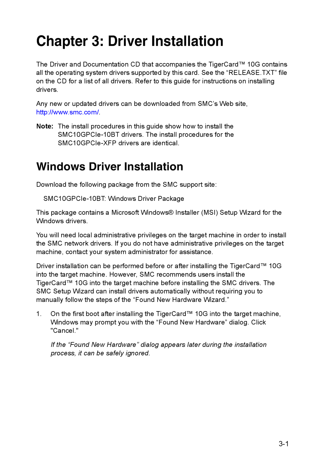 SMC Networks SMC10GPCIe-XFP manual Windows Driver Installation 