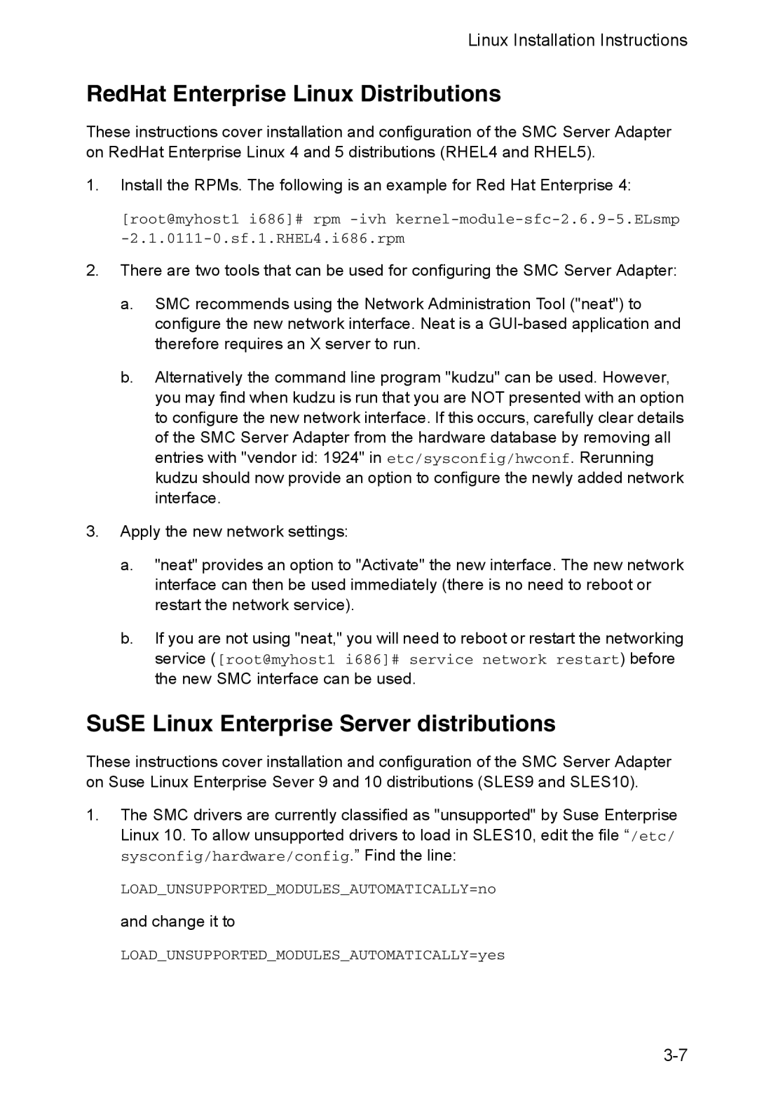 SMC Networks SMC10GPCIe-XFP manual RedHat Enterprise Linux Distributions, SuSE Linux Enterprise Server distributions 