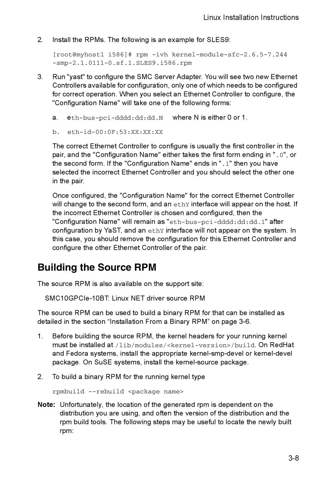 SMC Networks SMC10GPCIe-XFP manual Building the Source RPM, Install the RPMs. The following is an example for SLES9 