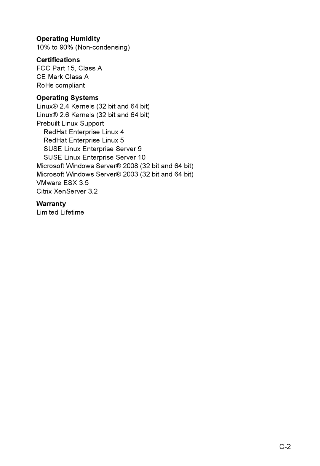 SMC Networks SMC10GPCIe-XFP manual Operating Humidity 