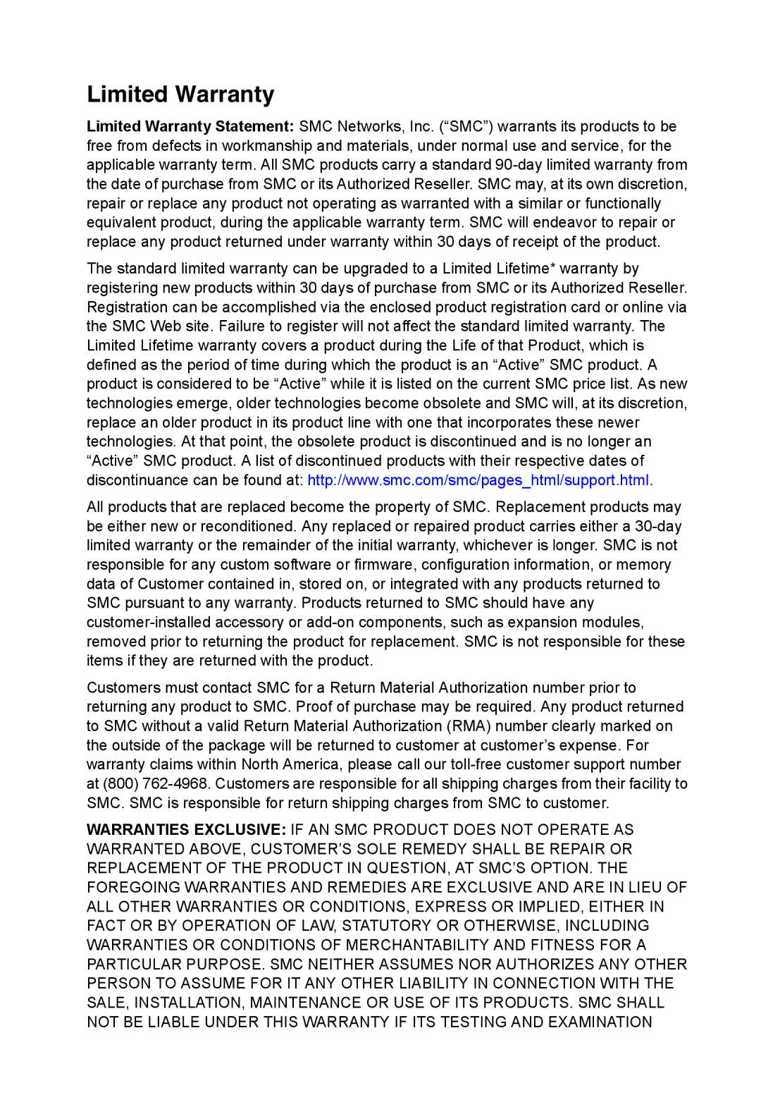 SMC Networks SMC10GPCIe-XFP manual Limited Warranty 