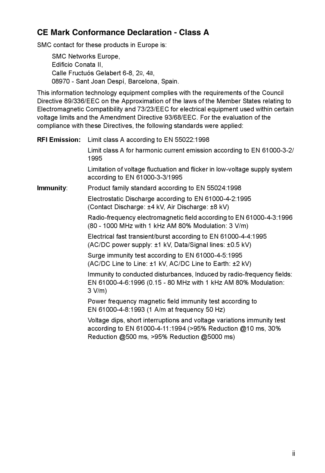 SMC Networks SMC10GPCIe-XFP manual CE Mark Conformance Declaration Class a 