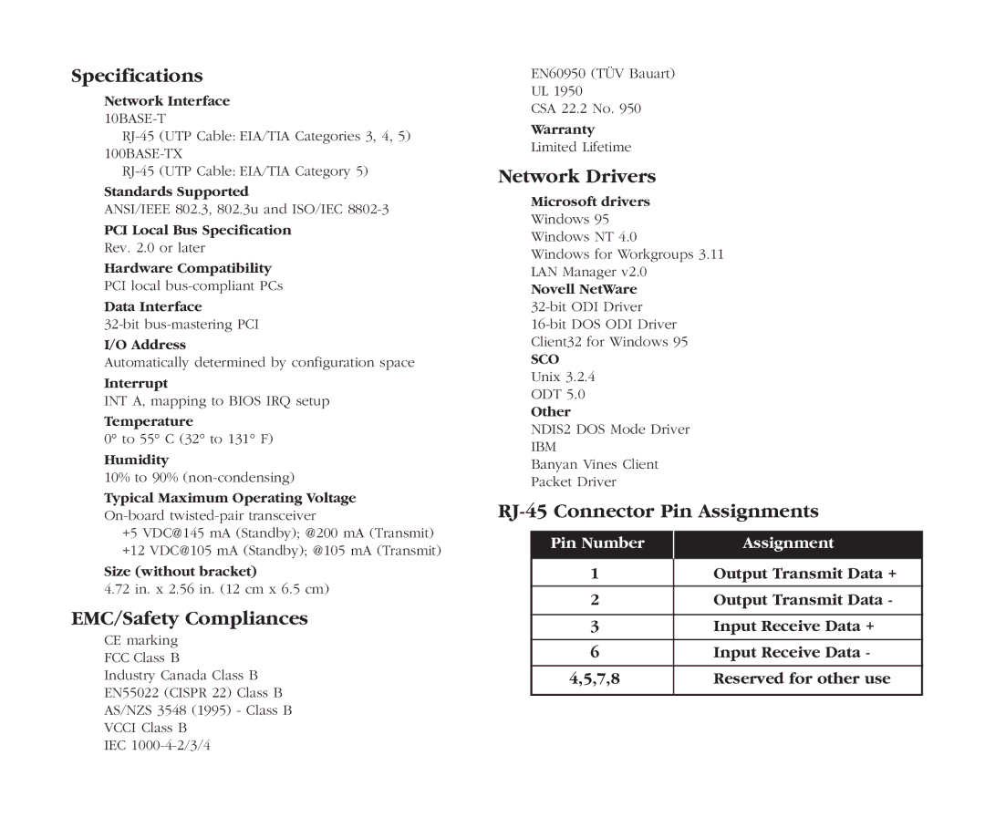 SMC Networks SMC1211TX, EZ Card 10 manual Specifications 