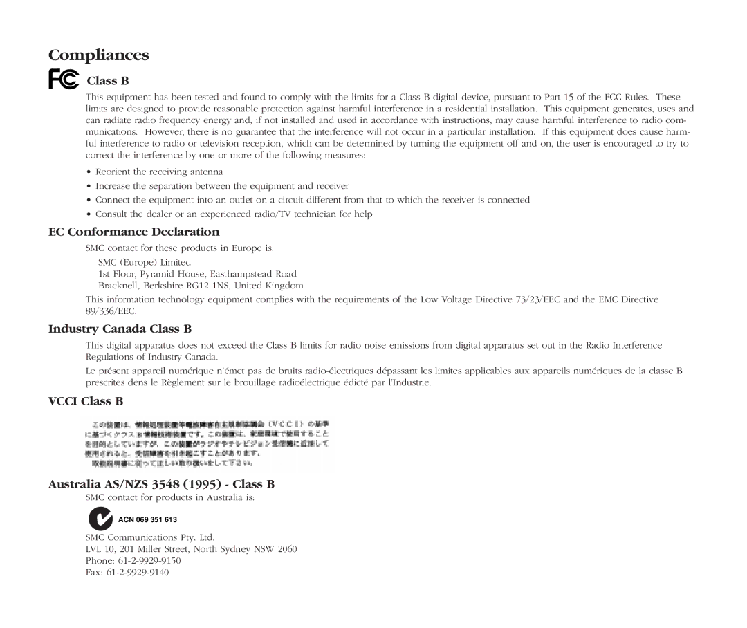 SMC Networks SMC1211TX, EZ Card 10 manual Compliances, Class B 