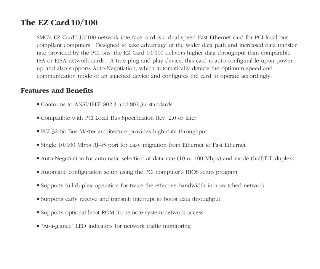 SMC Networks SMC1211TX manual The EZ Card 10/100, Features and Benefits 