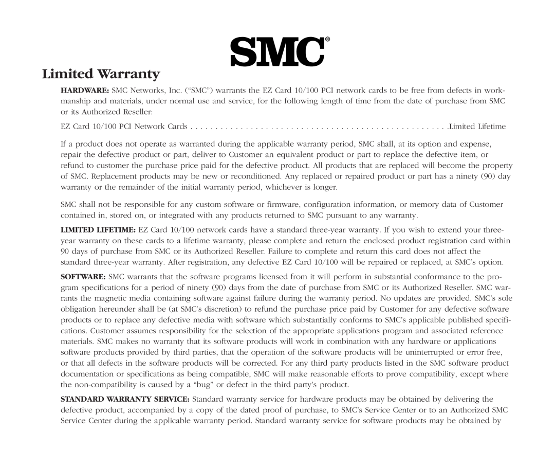 SMC Networks EZ Card 10, SMC1211TX manual Limited Warranty 
