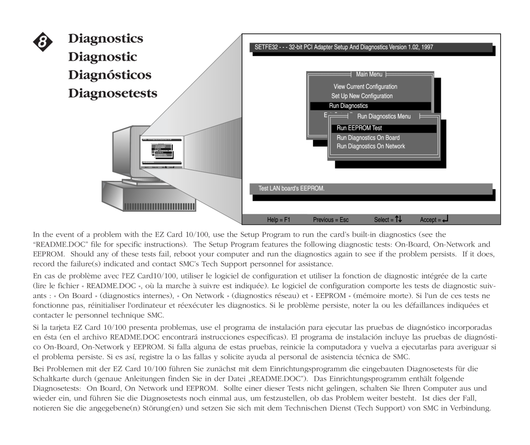SMC Networks EZ Card 10, SMC1211TX manual Diagnostics, Diagnósticos, Diagnosetests 