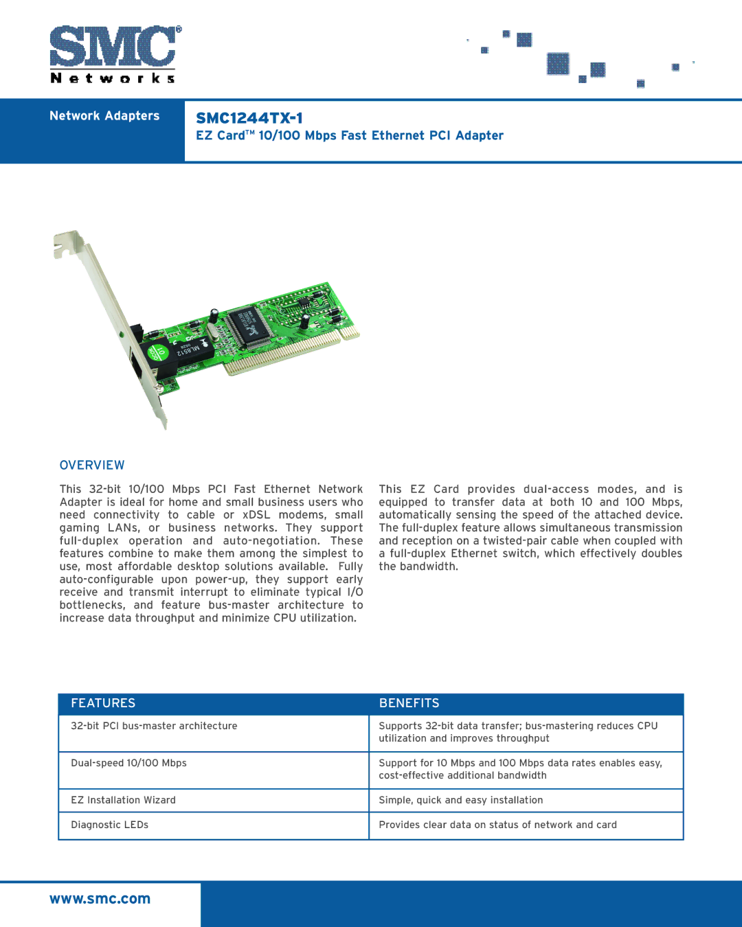 SMC Networks SMC1244TX-1 manual Network Adapters, EZ CardTM 10/100 Mbps Fast Ethernet PCI Adapter, Overview 