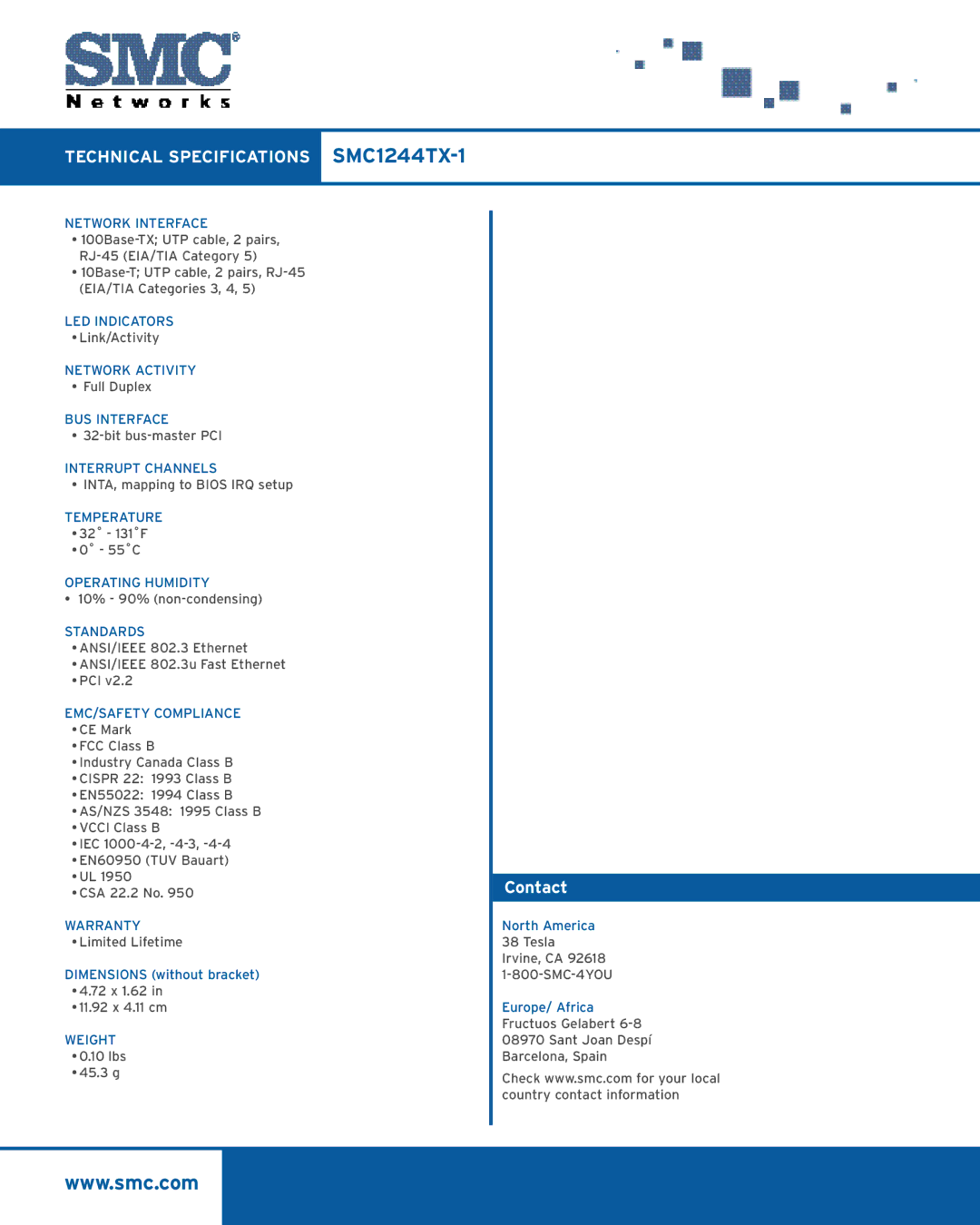 SMC Networks manual Technical Specifications SMC1244TX-1, Contact 