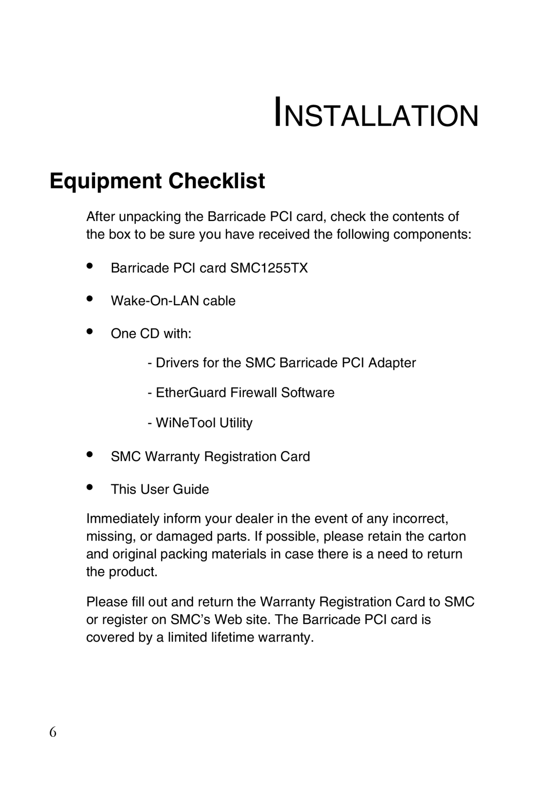 SMC Networks SMC1255TX manual Installation, Equipment Checklist 