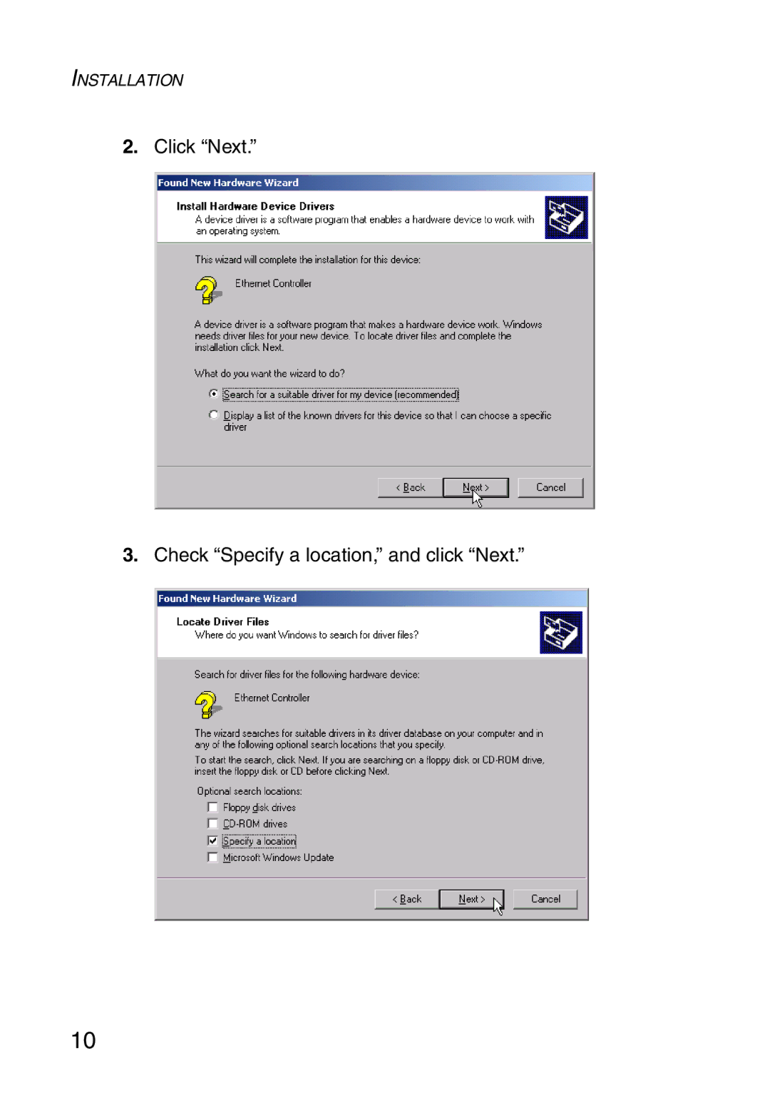 SMC Networks SMC1255TX manual Click Next Check Specify a location, and click Next 